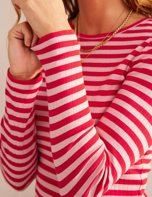 Boden vêtements peau de pêche et rayures de piment fort femmes t-shirt ras du cou côtelé Anna LB2X194