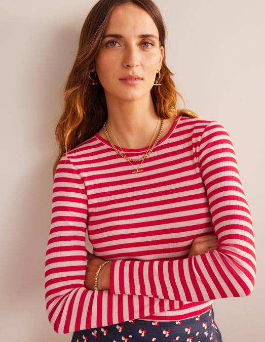 Boden vêtements peau de pêche et rayures de piment fort femmes t-shirt ras du cou côtelé Anna LB2X194
