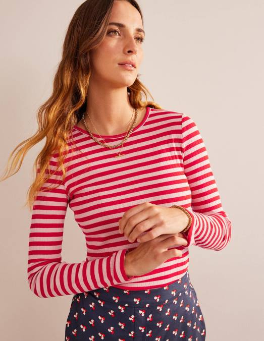 Boden vêtements peau de pêche et rayures de piment fort femmes t-shirt ras du cou côtelé Anna LB2X194