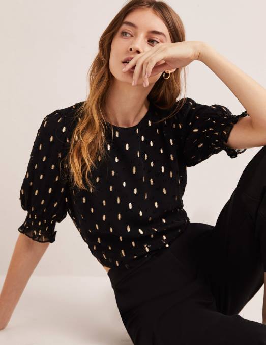 Boden vêtements pince noire et dorée femmes haut court à smocks métallisés LB2X2006