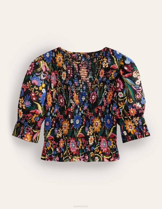 Boden vêtements pop noir et gardénia femmes top court à corsage smocké LB2X1704