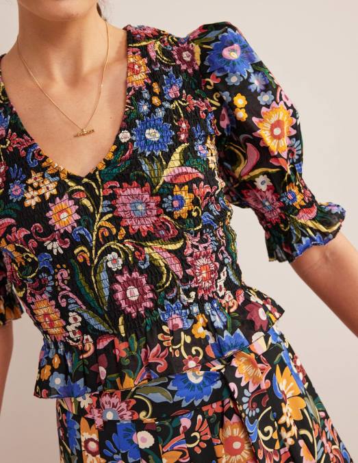 Boden vêtements pop noir et gardénia femmes top court à corsage smocké LB2X1704