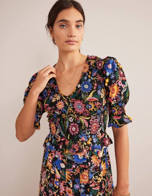 Boden vêtements pop noir et gardénia femmes top court à corsage smocké LB2X1704