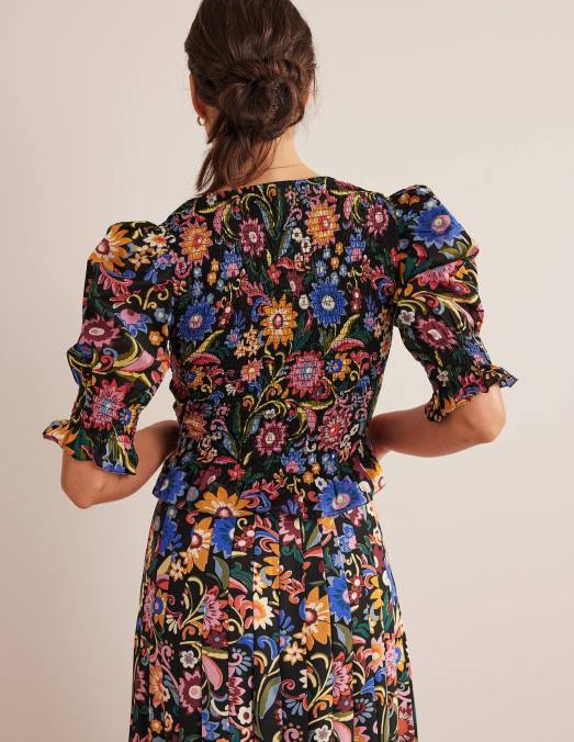 Boden vêtements pop noir et gardénia femmes top court à corsage smocké LB2X1704