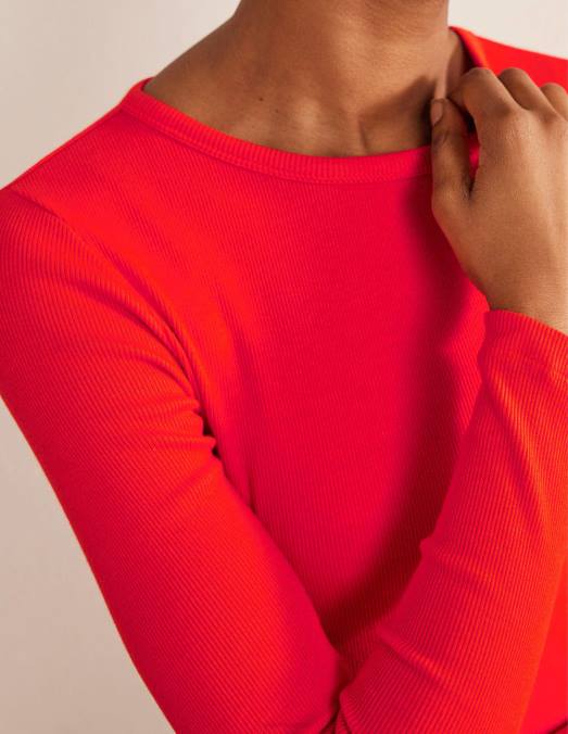 Boden vêtements pop rouge femmes haut côtelé à manches longues en coton LB2X1993