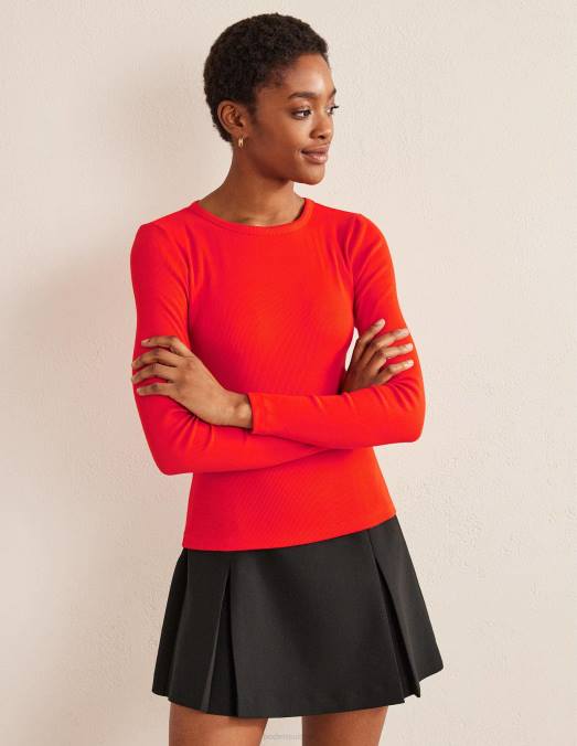 Boden vêtements pop rouge femmes haut côtelé à manches longues en coton LB2X1993