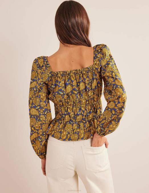 Boden vêtements récolte d'or et terrasse motif cachemire femmes haut à basque et taille froncée LB2X1536