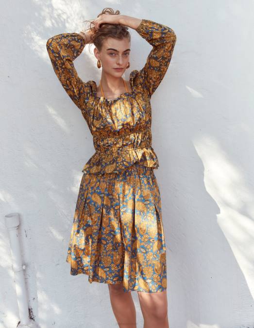 Boden vêtements récolte d'or et terrasse motif cachemire femmes haut à basque et taille froncée LB2X1536