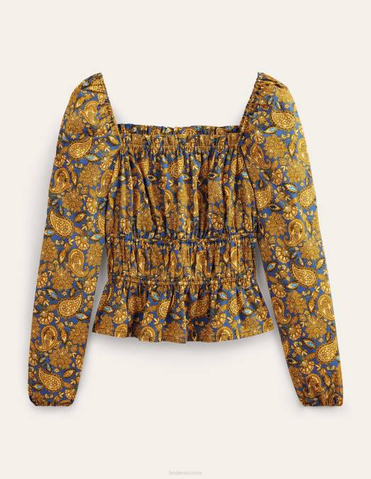 Boden vêtements récolte d'or et terrasse motif cachemire femmes haut à basque et taille froncée LB2X1536