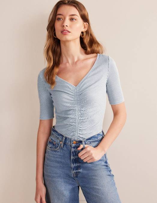Boden vêtements rayure bleu marine/blanc femmes haut froncé sur le devant en seersucker LB2X2266