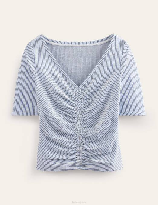 Boden vêtements rayure bleu marine/blanc femmes haut froncé sur le devant en seersucker LB2X2266