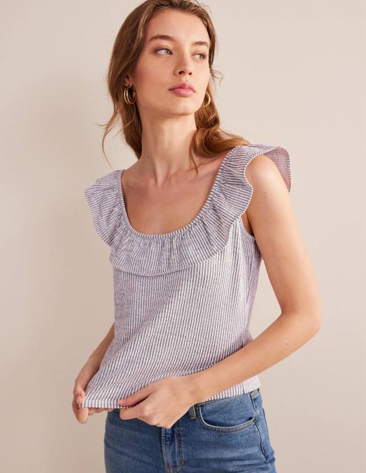 Boden vêtements rayure bleu marine/blanc femmes haut rayé à volants en seersucker LB2X1779