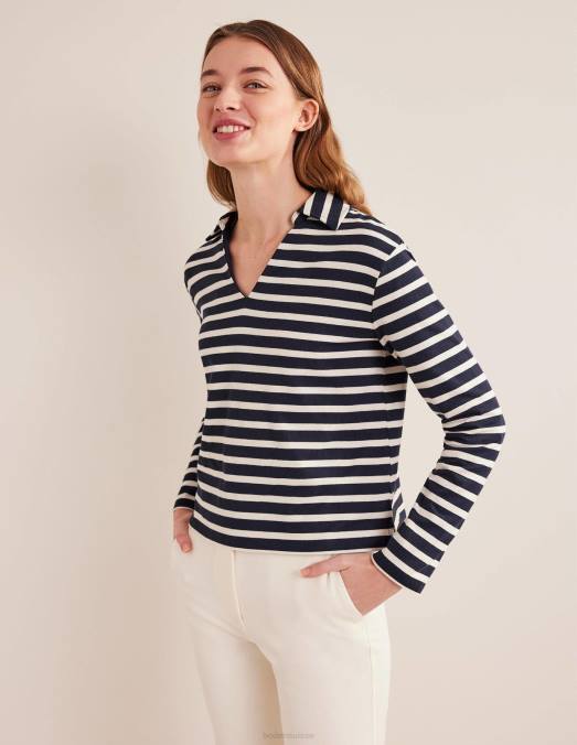 Boden vêtements rayure bleu marine/ivoire femmes haut rayé à col cranté LB2X1565