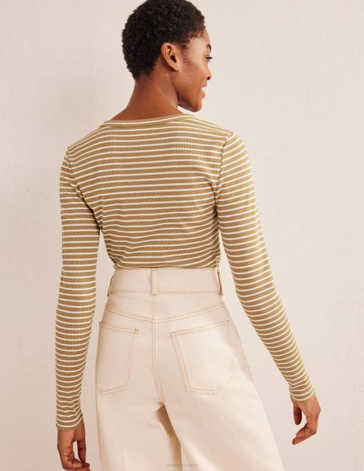 Boden vêtements rayure camel/ivoire femmes Henley ajusté côtelé à rayures LB2X1777