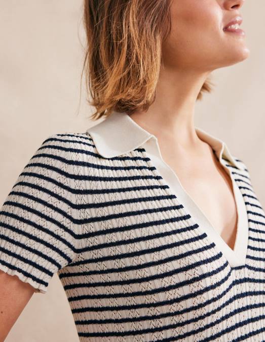 Boden vêtements rayure ivoire et bleu marine femmes haut côtelé à col en pointelle LB2X2221