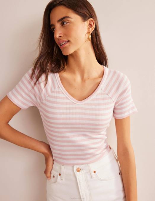Boden vêtements rayure ivoire et peau de pêche femmes t-shirt côtelé à col en V Anna LB2X195