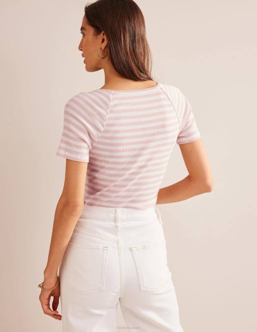 Boden vêtements rayure ivoire et peau de pêche femmes t-shirt côtelé à col en V Anna LB2X195