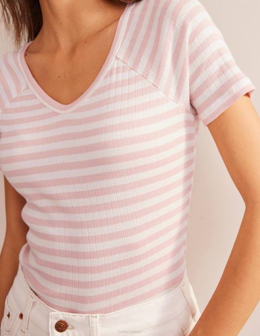 Boden vêtements rayure ivoire et peau de pêche femmes t-shirt côtelé à col en V Anna LB2X195