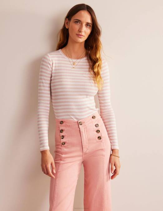 Boden vêtements rayure ivoire et peau de pêche femmes t-shirt ras du cou côtelé Anna LB2X201