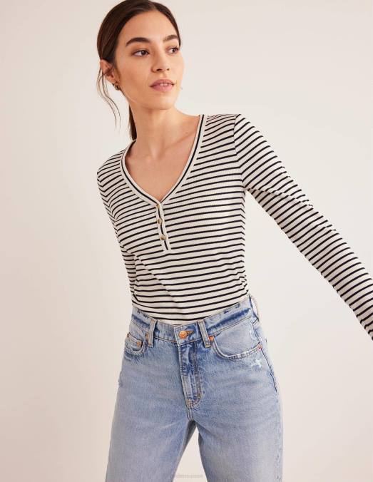 Boden vêtements rayure ivoire/marine femmes Henley ajusté côtelé à rayures LB2X1571