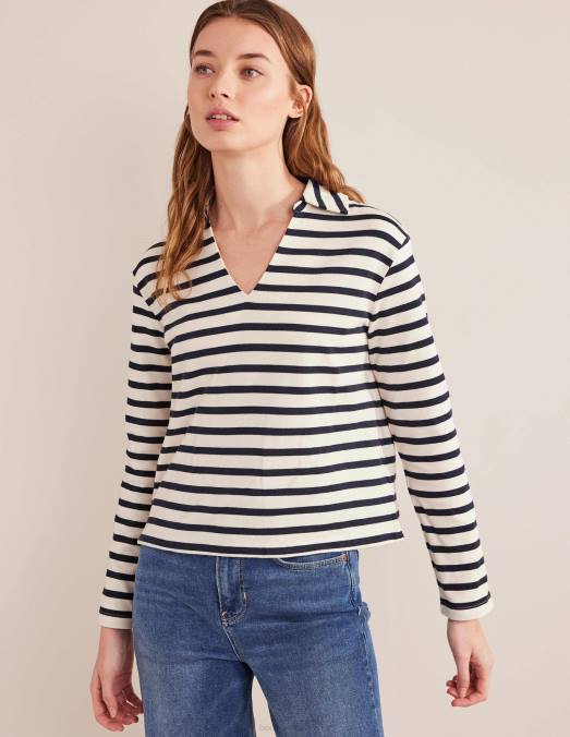 Boden vêtements rayure ivoire/marine femmes haut rayé à col cranté LB2X1482