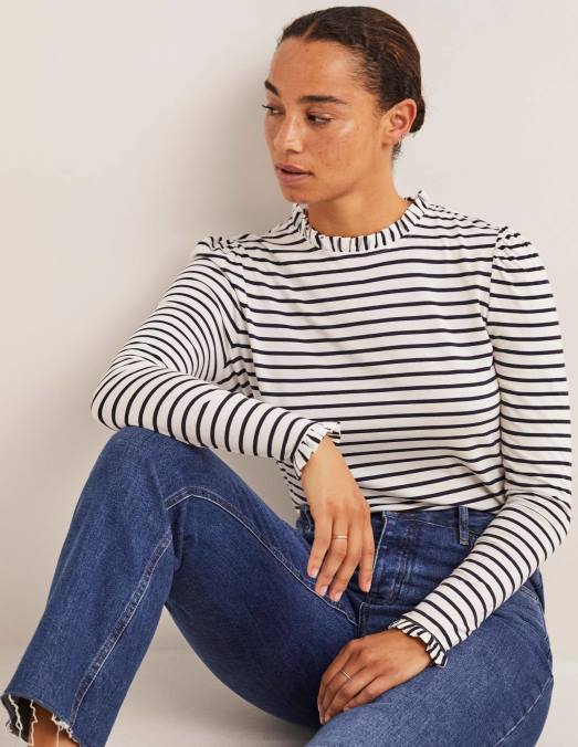 Boden vêtements rayure ivoire/marine femmes haut ultra doux à volants LB2X139