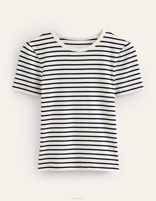 Boden vêtements rayure ivoire/marine femmes t-shirt côtelé en coton LB2X1457