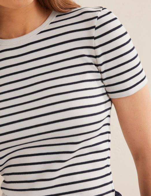 Boden vêtements rayure ivoire/marine femmes t-shirt côtelé en coton LB2X1457