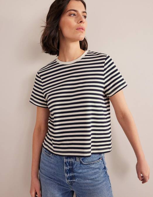 Boden vêtements rayure ivoire/marine femmes t-shirt court en coton parfait LB2X1833
