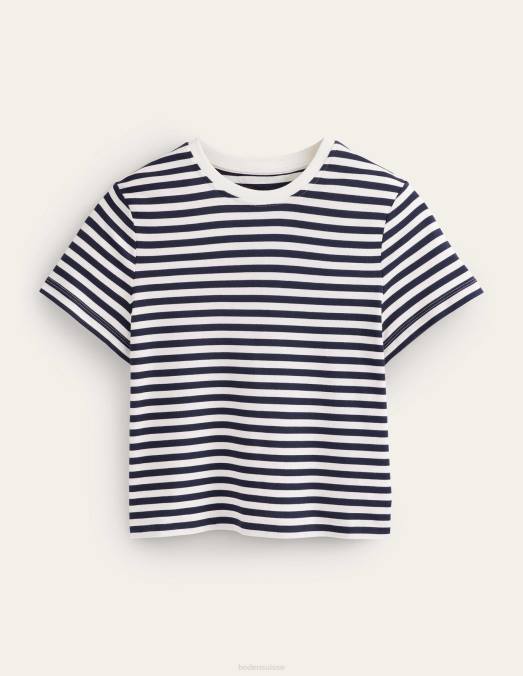 Boden vêtements rayure ivoire/marine femmes t-shirt court en coton parfait LB2X1833