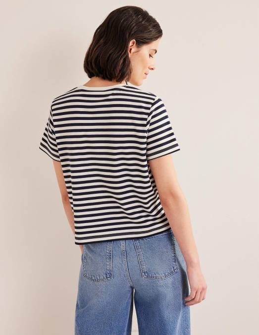 Boden vêtements rayure ivoire/marine femmes t-shirt court en coton parfait LB2X1833