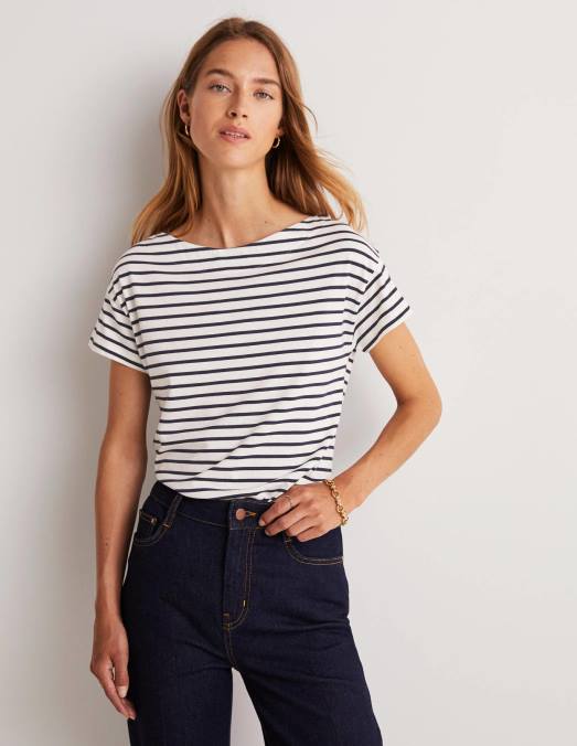 Boden vêtements rayure ivoire/marine femmes t-shirt ultra doux à col bateau LB2X156