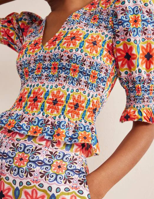 Boden vêtements rayure multi et tapisserie femmes top court à corsage smocké LB2X1556