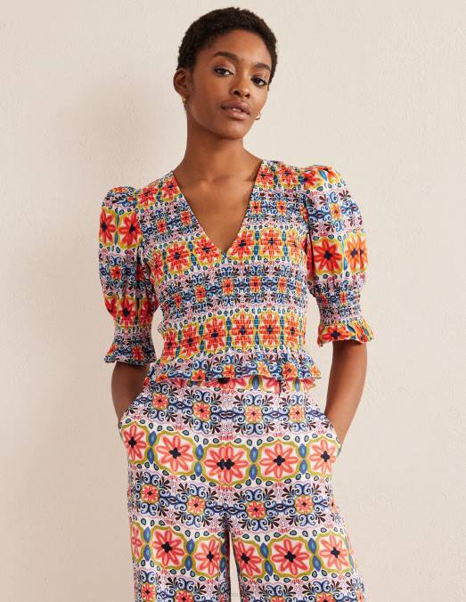 Boden vêtements rayure multi et tapisserie femmes top court à corsage smocké LB2X1556