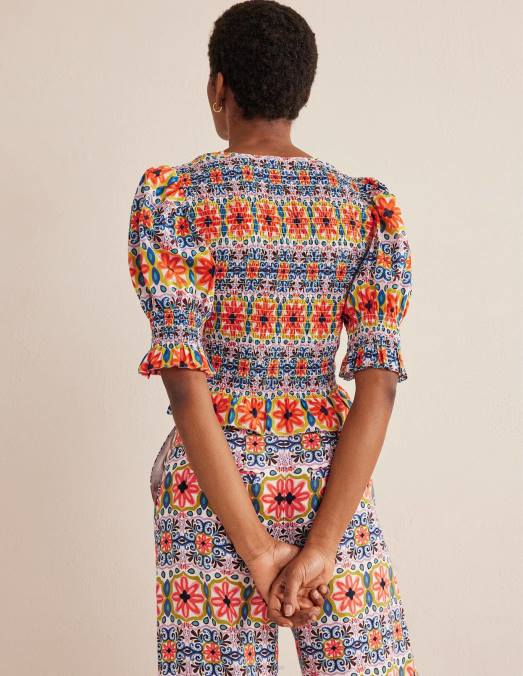 Boden vêtements rayure multi et tapisserie femmes top court à corsage smocké LB2X1556