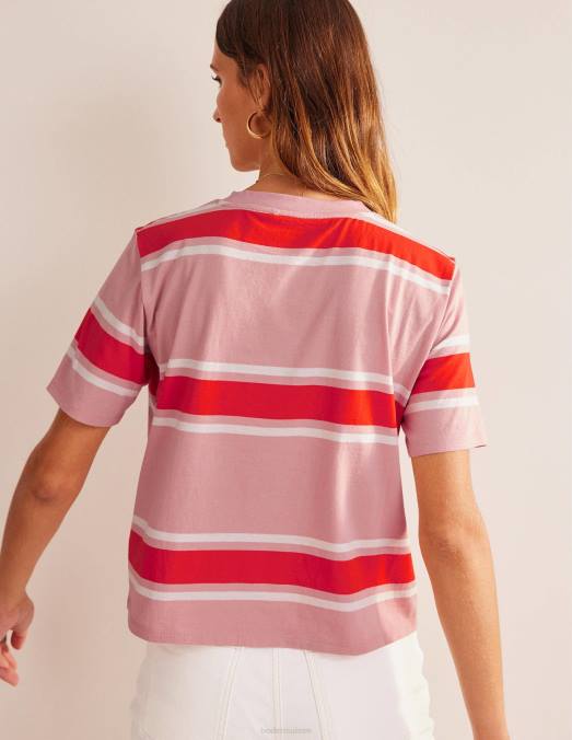 Boden vêtements rayure rose tendre/orange femmes t-shirt à rayures carrées LB2X1454