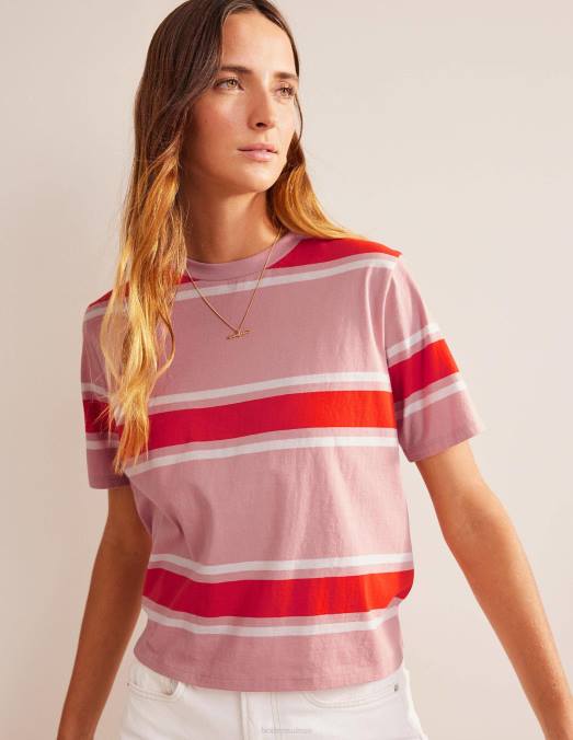 Boden vêtements rayure rose tendre/orange femmes t-shirt à rayures carrées LB2X1454
