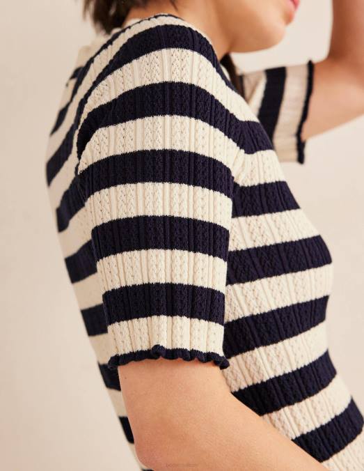 Boden vêtements rayures bleu marine et ivoire femmes haut côtelé à col montant en pointelle LB2X1503