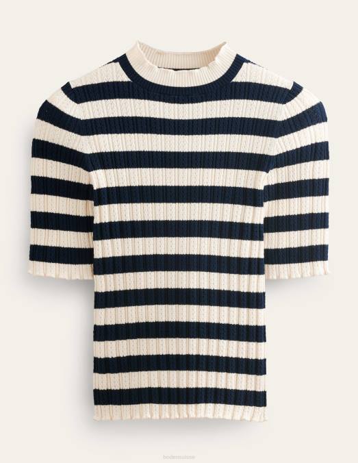 Boden vêtements rayures bleu marine et ivoire femmes haut côtelé à col montant en pointelle LB2X1503