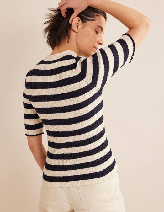 Boden vêtements rayures bleu marine et ivoire femmes haut côtelé à col montant en pointelle LB2X1503