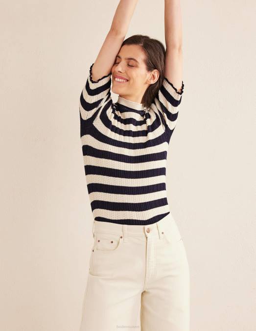 Boden vêtements rayures bleu marine et ivoire femmes haut côtelé à col montant en pointelle LB2X1503