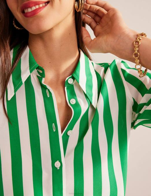 Boden vêtements riche rayure émeraude et ivoire femmes chemise en soie LB2X152