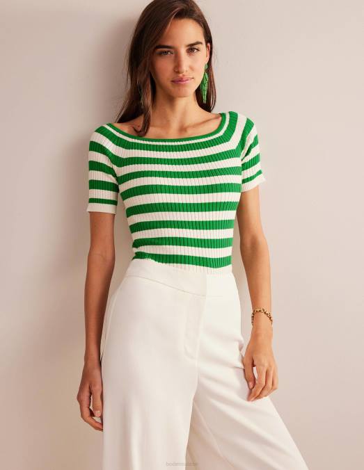 Boden vêtements riche rayure émeraude et ivoire femmes haut côtelé à épaules dénudées LB2X1843
