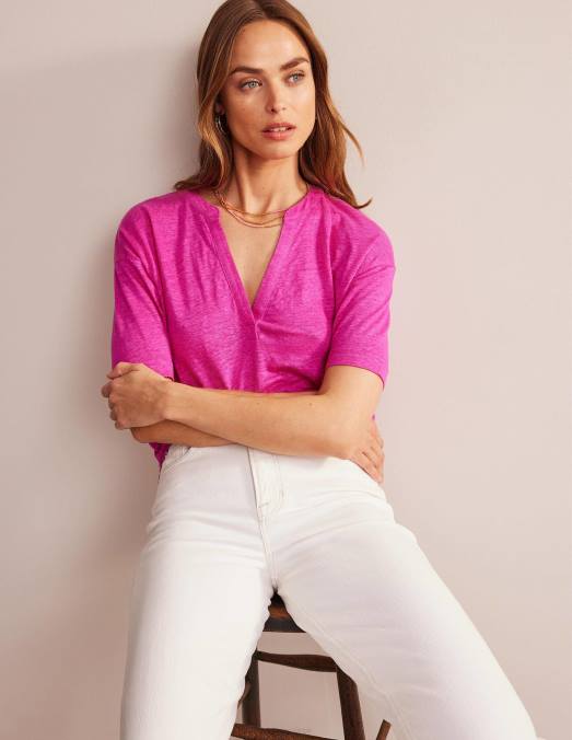 Boden vêtements rose phlox femmes Henley en lin à col ouvert LB2X1672