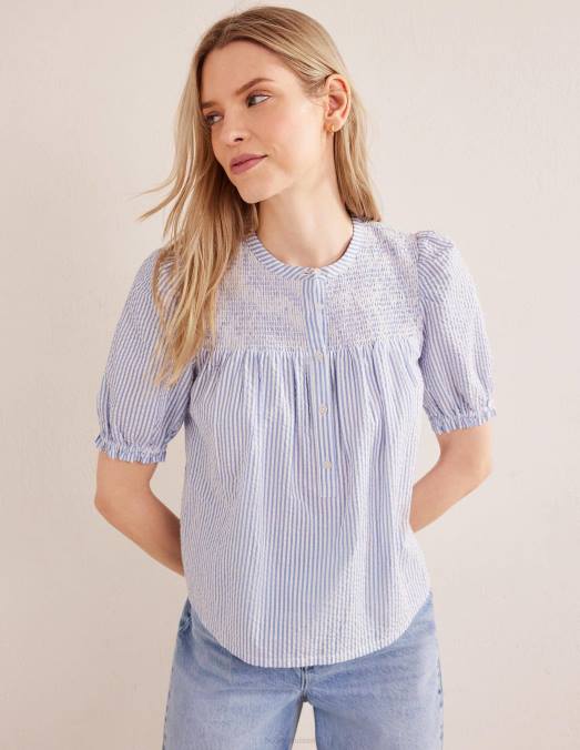 Boden vêtements seersucker provence et ivoire femmes popover en seersucker à manches bouffantes LB2X2268