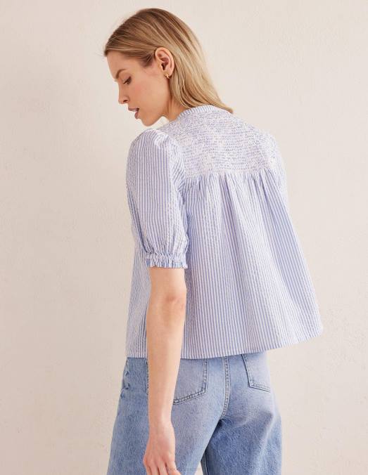 Boden vêtements seersucker provence et ivoire femmes popover en seersucker à manches bouffantes LB2X2268