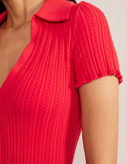 Boden vêtements tarte aux fraises rouge femmes haut côtelé à col en pointelle LB2X1930