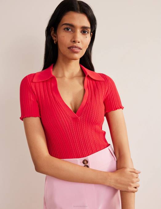 Boden vêtements tarte aux fraises rouge femmes haut côtelé à col en pointelle LB2X1930