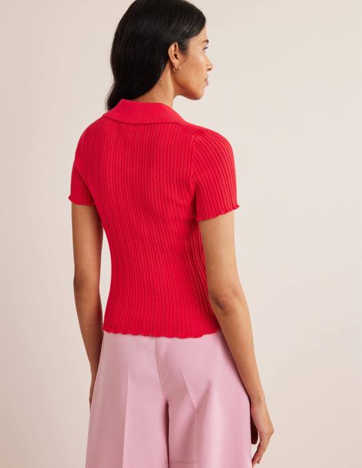 Boden vêtements tarte aux fraises rouge femmes haut côtelé à col en pointelle LB2X1930