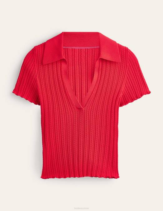 Boden vêtements tarte aux fraises rouge femmes haut côtelé à col en pointelle LB2X1930